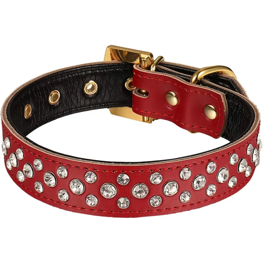 3 Rows Personalized Rhinestone Leather Bling Crystal Dog Collar with Golden Rhinestone Buckle for Small Medium Breeds (S(Neck For:11-13 Inch), Red)