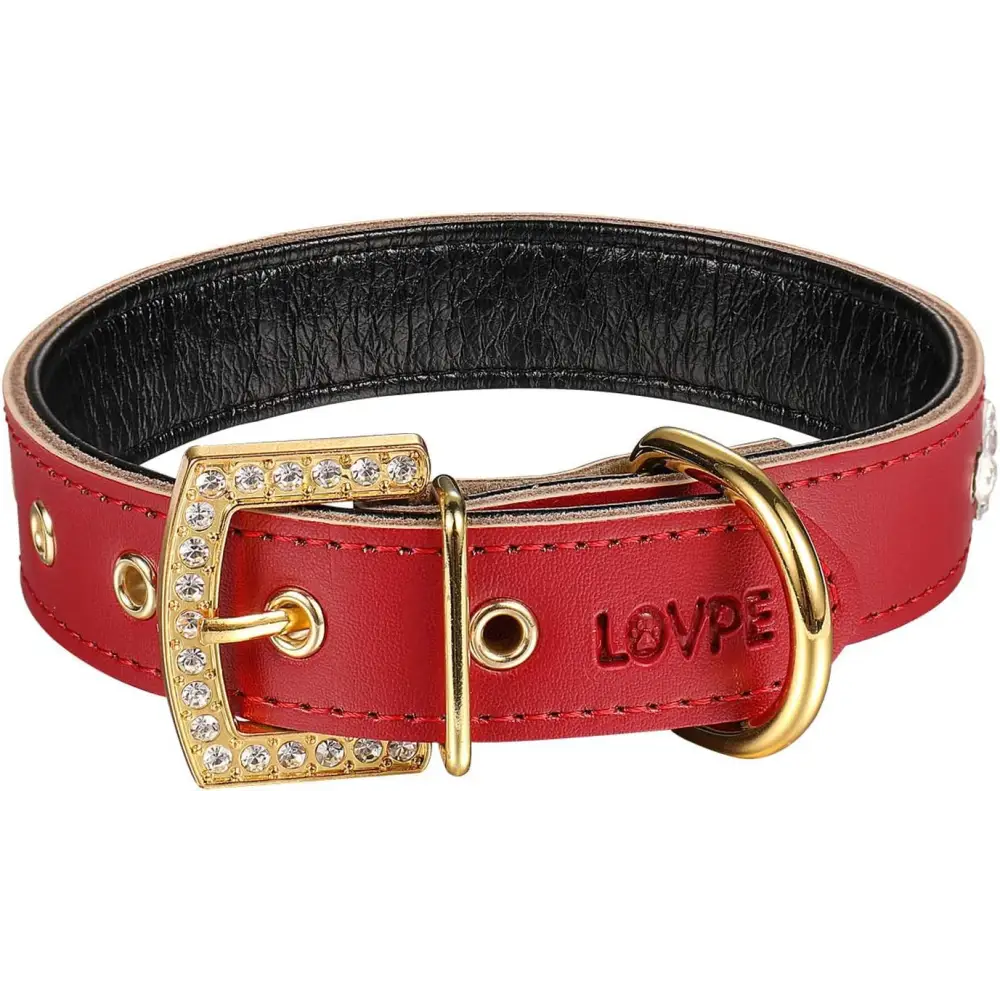3 Rows Personalized Rhinestone Leather Bling Crystal Dog Collar with Golden Rhinestone Buckle for Small Medium Breeds (S(Neck For:11-13 Inch), Red)