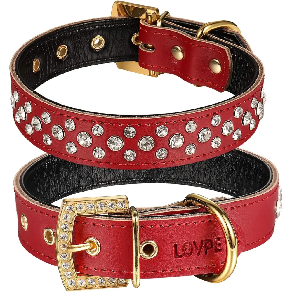3 Rows Personalized Rhinestone Leather Bling Crystal Dog Collar with Golden Rhinestone Buckle for Small Medium Breeds (S(Neck For:11-13 Inch), Red)