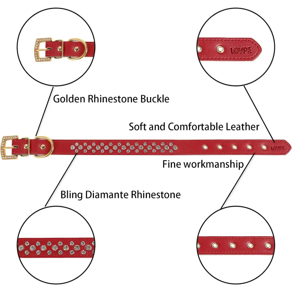 3 Rows Personalized Rhinestone Leather Bling Crystal Dog Collar with Golden Rhinestone Buckle for Small Medium Breeds (S(Neck For:11-13 Inch), Red)