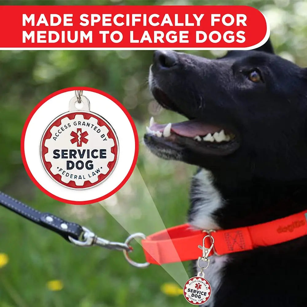 Service Dog Tag, 2 Pack: Metal Pet ID Tags for Service Animals, Emotional Support Dogs and Therapy Dogs, 1.25 Inch Diameter, Double Sided, Navy Lettering and Red Enamel Trim