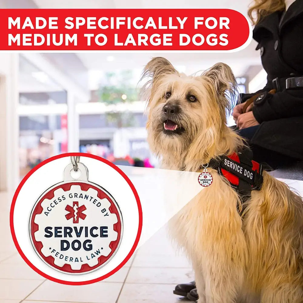 Service Dog Tag, 2 Pack: Metal Pet ID Tags for Service Animals, Emotional Support Dogs and Therapy Dogs, 1.25 Inch Diameter, Double Sided, Navy Lettering and Red Enamel Trim