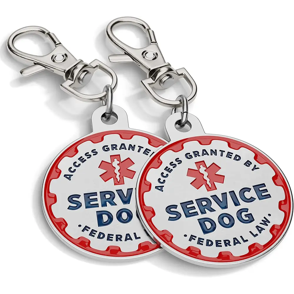 Service Dog Tag, 2 Pack: Metal Pet ID Tags for Service Animals, Emotional Support Dogs and Therapy Dogs, 1.25 Inch Diameter, Double Sided, Navy Lettering and Red Enamel Trim