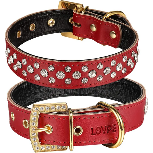 3 Rows Personalized Rhinestone Leather Bling Crystal Dog Collar with Golden Rhinestone Buckle for Small Medium Breeds (S(Neck For:11-13 Inch), Red)