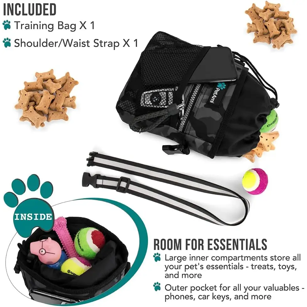 Dog Treat Pouch, Pet Treat Pouch for Training, Dog Walking Bag Holder for Kibbles, Pet Food Toy, Dog Trainer Essentials Supplies, Poop Bag Dispenser, 3 Ways to Wear (Camo Black)