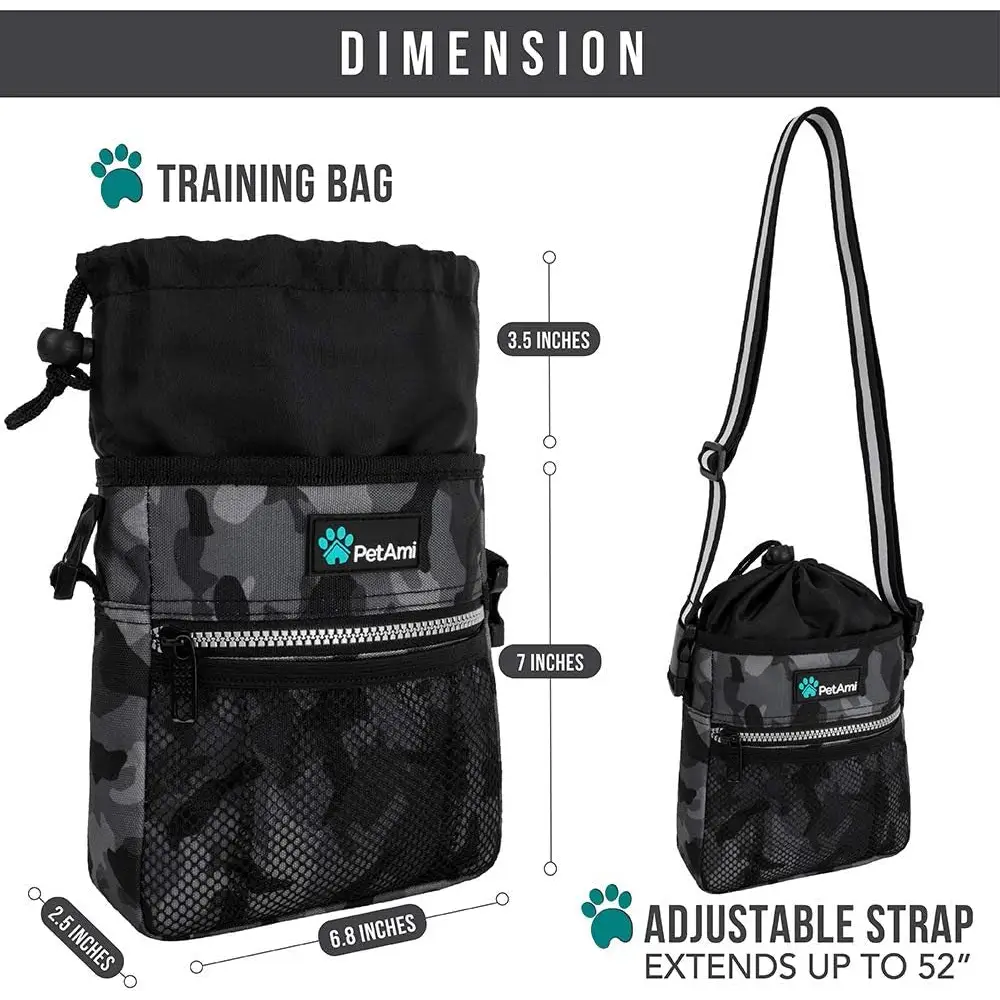Dog Treat Pouch, Pet Treat Pouch for Training, Dog Walking Bag Holder for Kibbles, Pet Food Toy, Dog Trainer Essentials Supplies, Poop Bag Dispenser, 3 Ways to Wear (Camo Black)