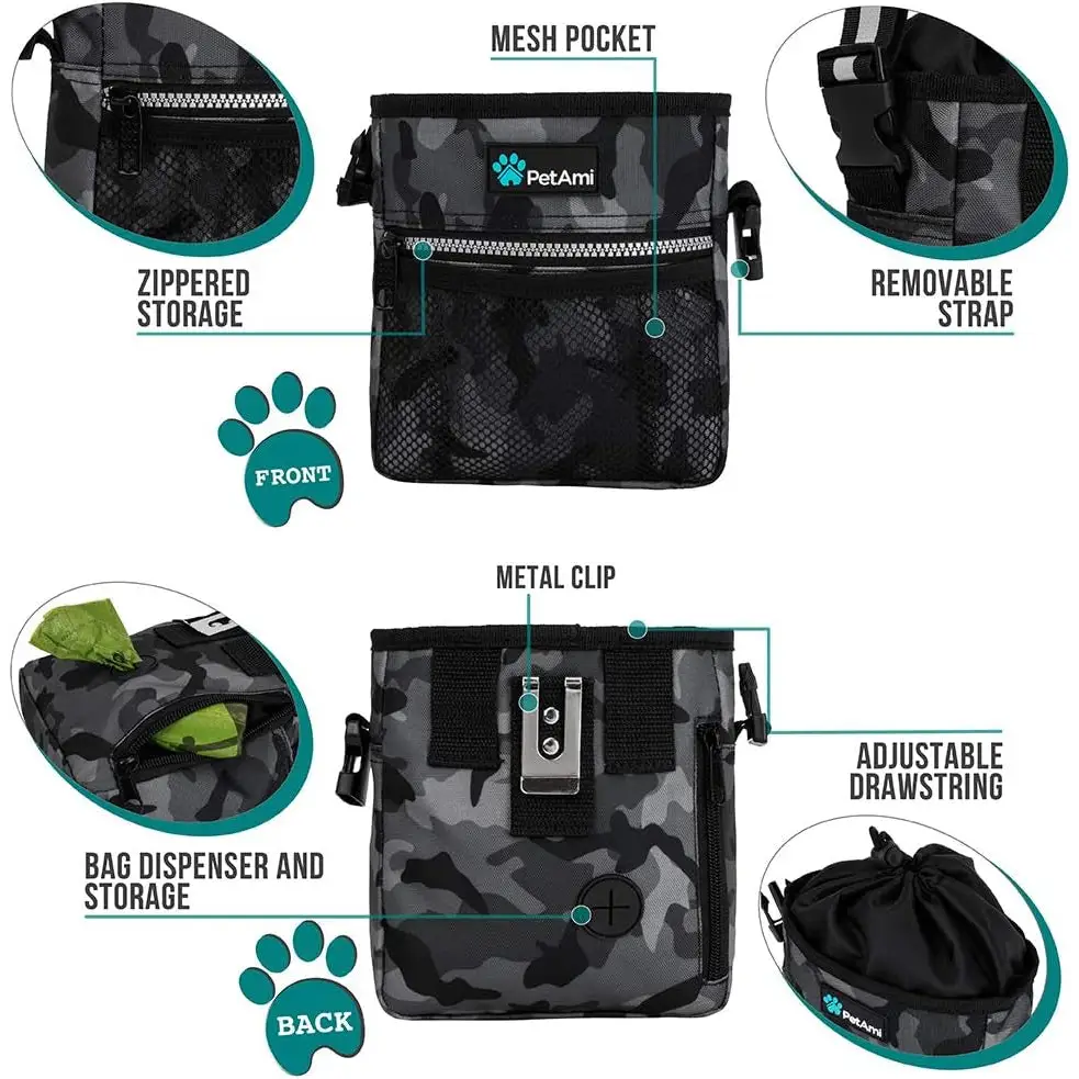 Dog Treat Pouch, Pet Treat Pouch for Training, Dog Walking Bag Holder for Kibbles, Pet Food Toy, Dog Trainer Essentials Supplies, Poop Bag Dispenser, 3 Ways to Wear (Camo Black)