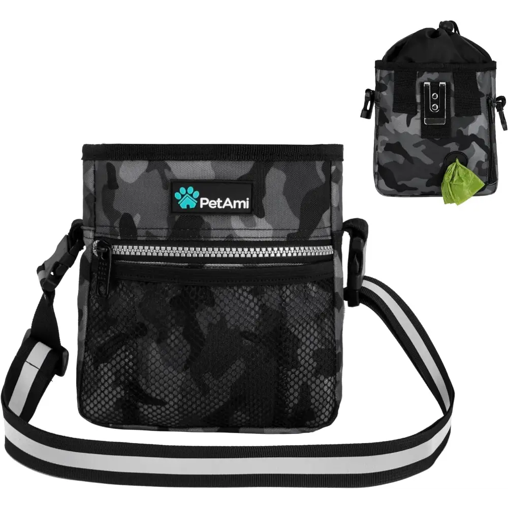 Dog Treat Pouch, Pet Treat Pouch for Training, Dog Walking Bag Holder for Kibbles, Pet Food Toy, Dog Trainer Essentials Supplies, Poop Bag Dispenser, 3 Ways to Wear (Camo Black)